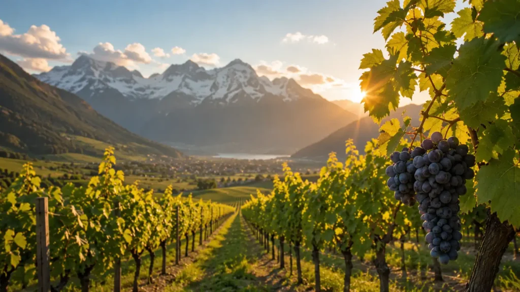 vignoble suisse au coucher du soleil avec grappes de raisin au premier plan et montagnes alpines en arrière-plan