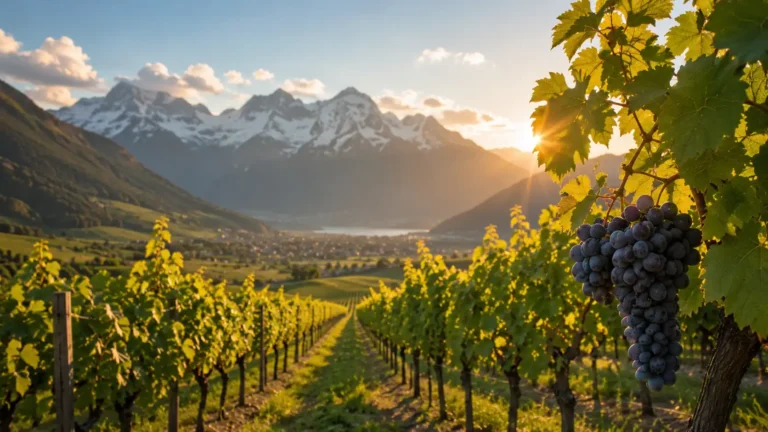 Le vignoble suisse entre diversité exceptionnelle et quête d'identité 7 vignoble suisse au coucher du soleil avec grappes de raisin au premier plan et montagnes alpines en arrière-plan