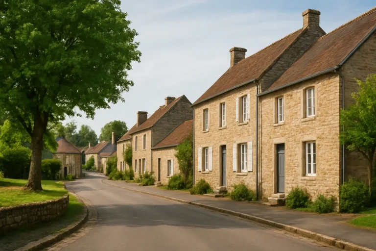 Rue paisible du centre de Villers Bocage en Normandie, avec des maisons traditionnelles et une ambiance de bocage