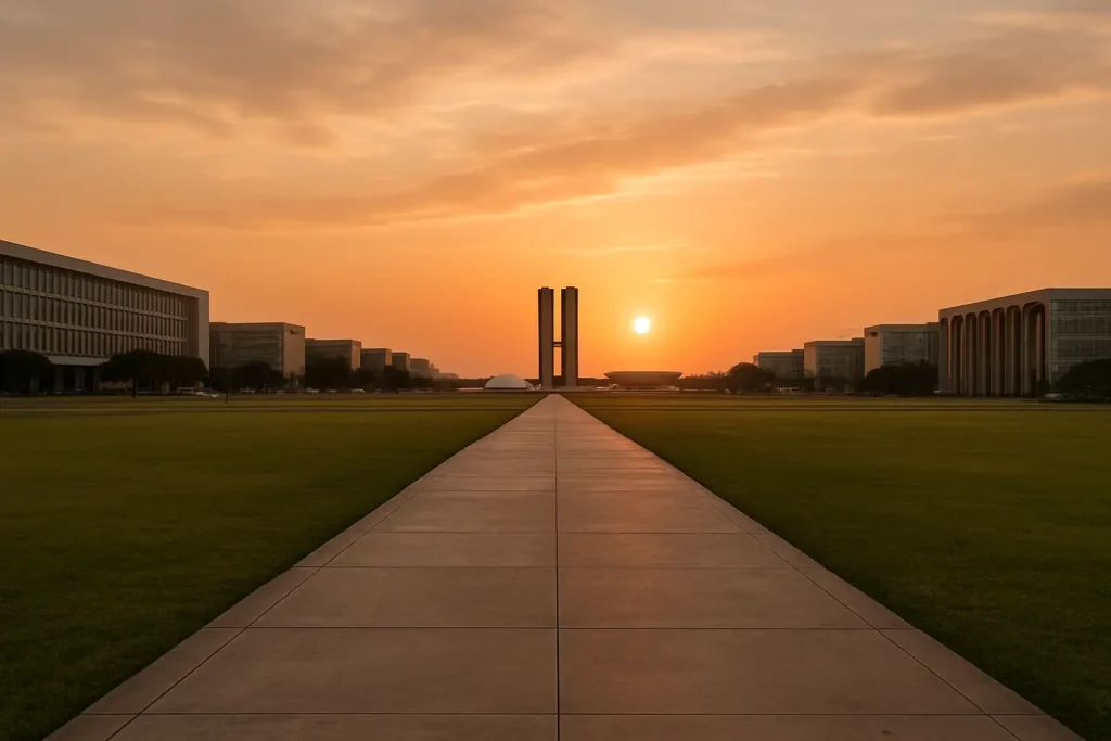 Vue panoramique de l’Esplanada dos Ministérios à Brasília au coucher du soleil, avec les bâtiments modernistes et le ciel orangé.