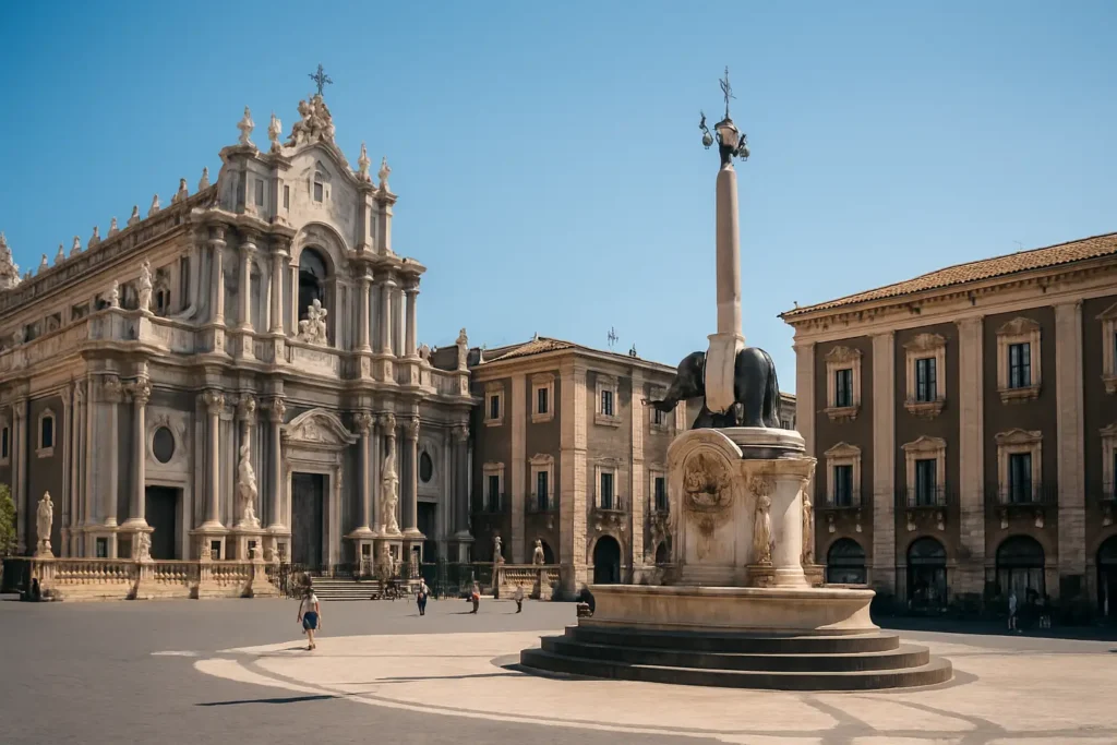 Vue de la Piazza del Duomo à Catania avec la cathédrale, la fontaine de l’Éléphant et l’Etna en arrière-plan