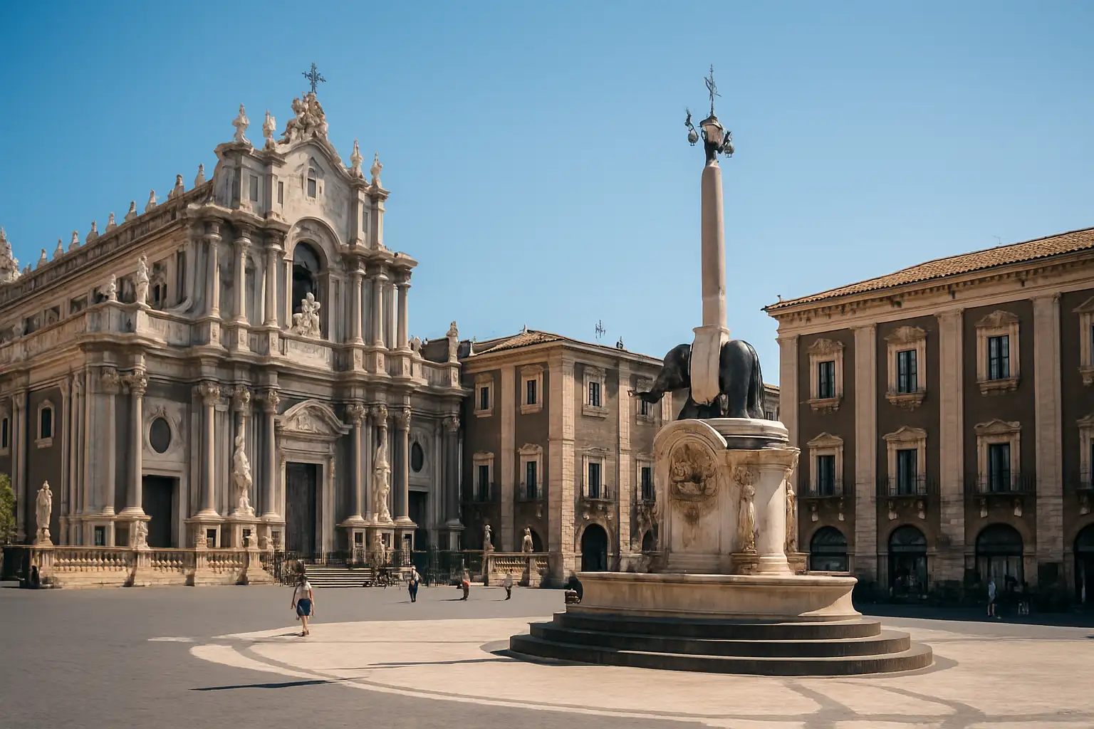 Catania : que voir, que faire et comment visiter Catane en Sicile 1 Vue de la Piazza del Duomo à Catania avec la cathédrale, la fontaine de l’Éléphant et l’Etna en arrière-plan