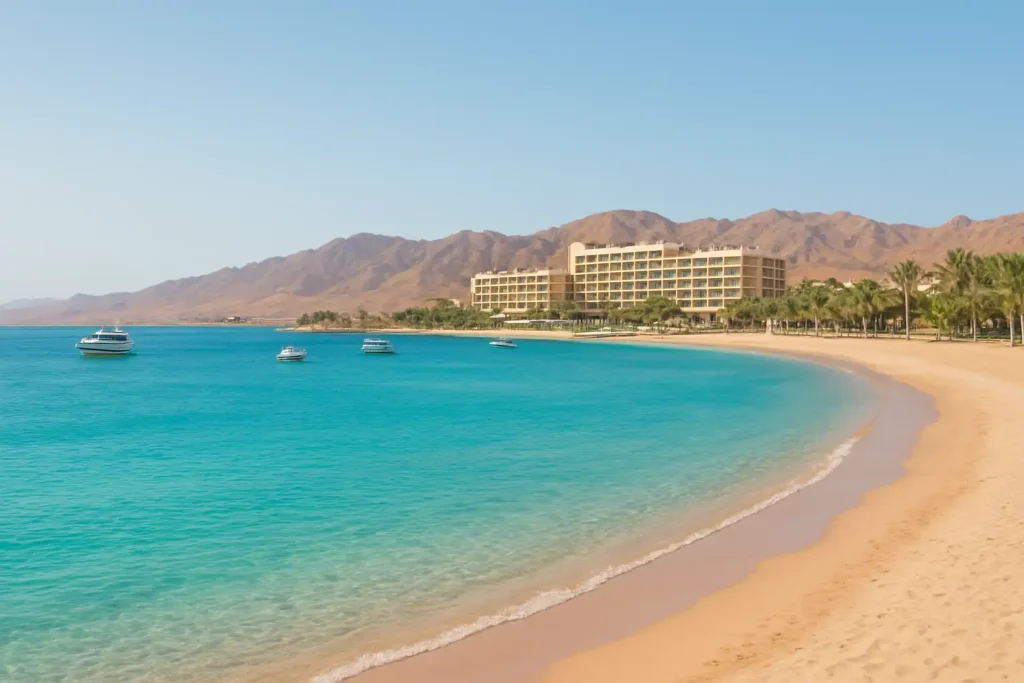 Baie de Charm el-Cheikh avec plage, mer Rouge turquoise et hôtel balnéaire
