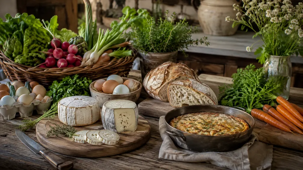 Produits fermiers locaux avec fromages, œufs, pain, légumes de saison et herbes fraîches.
