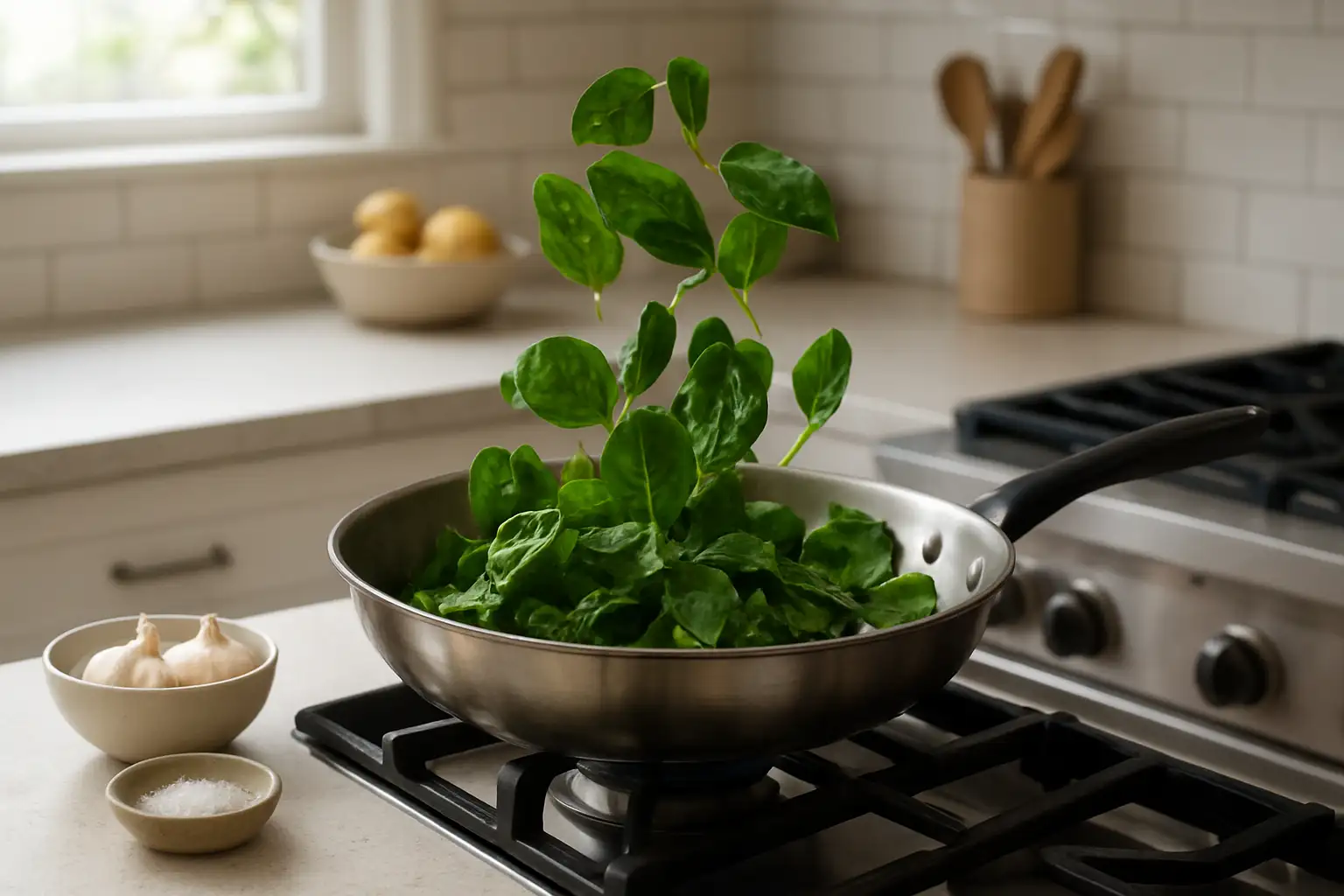 Cuisson des épinards frais : temps et méthodes faciles 1 Épinards frais en train de cuire rapidement à la poêle dans une cuisine lumineuse