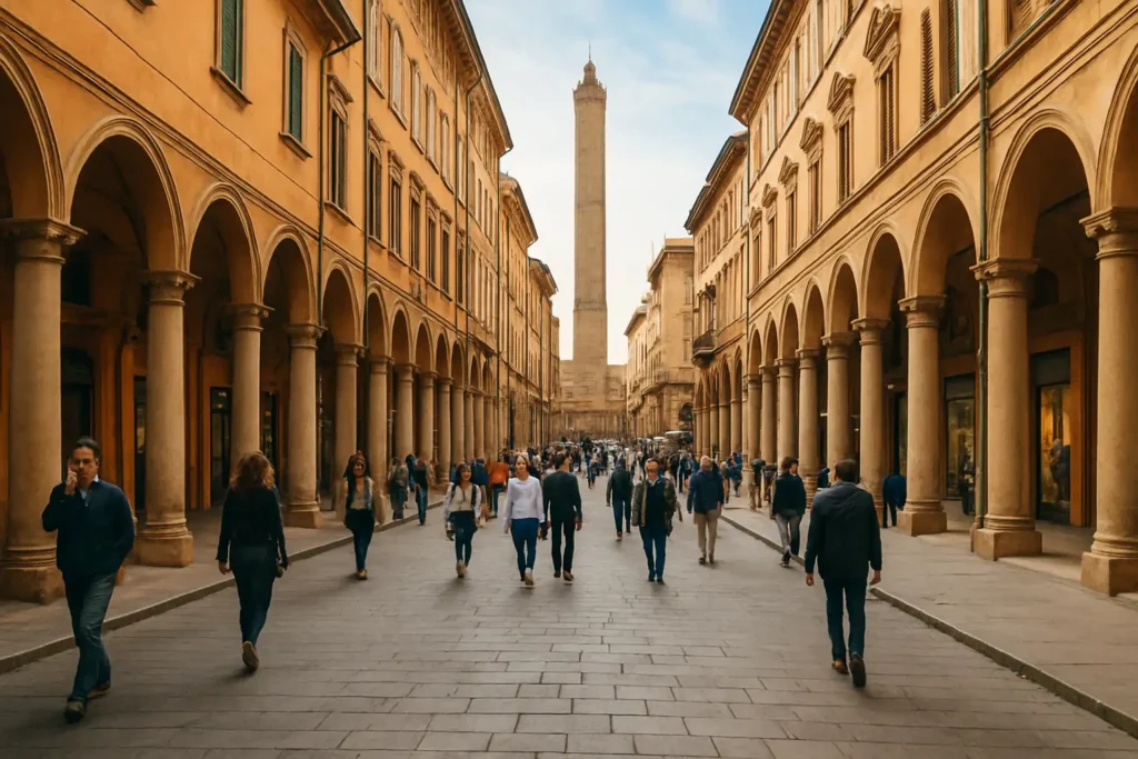 Vue du centre historique de Bologne en Émilie-Romagne, avec ses arcades et son ambiance de voyage culturel.