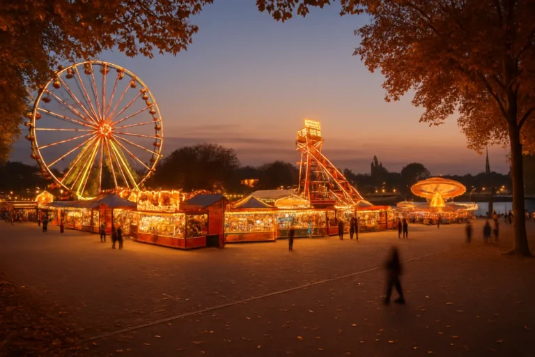 La Foire Saint-Romain à Rouen avec ses manèges illuminés sur les quais de Seine