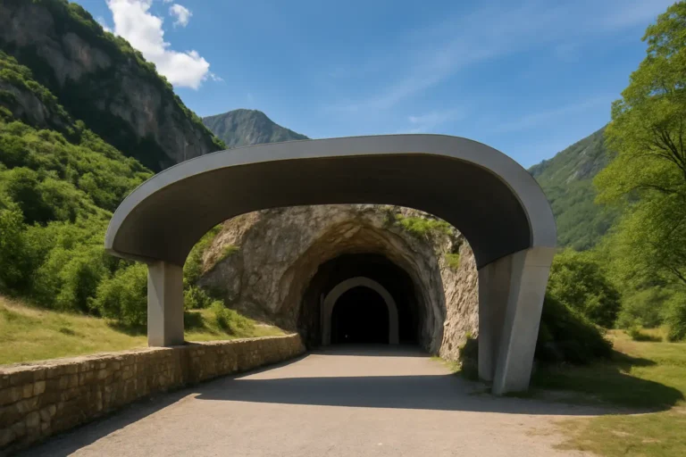 Grotte de Niaux : guide complet pour préparer votre visite 7 L’entrée de la grotte de Niaux en Ariège avec son porche moderne et le paysage pyrénéen