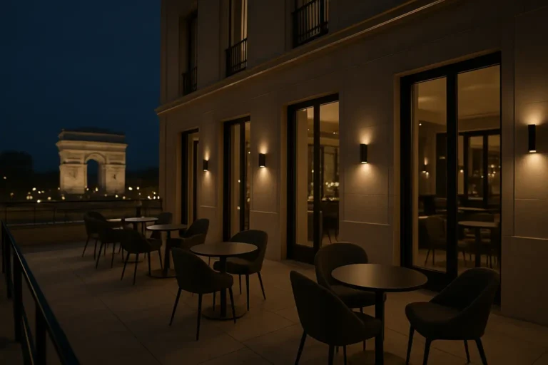 L'Arc Paris : guide pratique pour sortir dans cette boîte de nuit haut de gamme 7 Terrasse nocturne de L'Arc Paris avec vue sur la Place de l'Étoile et l'Arc de Triomphe