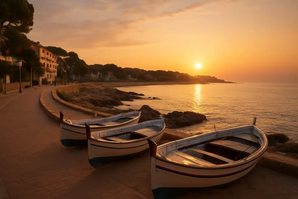 Le passeig marítim de L'Escala au coucher du soleil, avec la mer, des barques et la côte de la Costa Brava