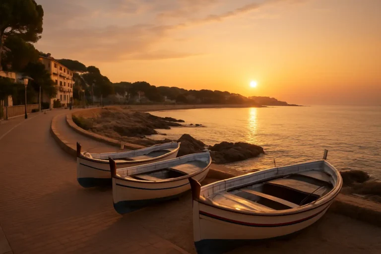 L'Escala : que voir, comment y aller et que faire sur la Costa Brava 7 Le passeig marítim de L'Escala au coucher du soleil, avec la mer, des barques et la côte de la Costa Brava