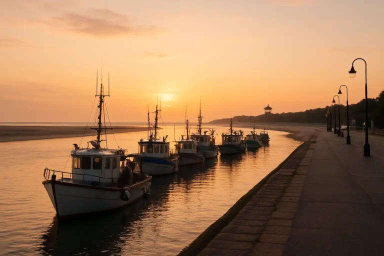 Le port du Crotoy au coucher du soleil avec les quais, les bateaux de pêche et la plage en arrière-plan