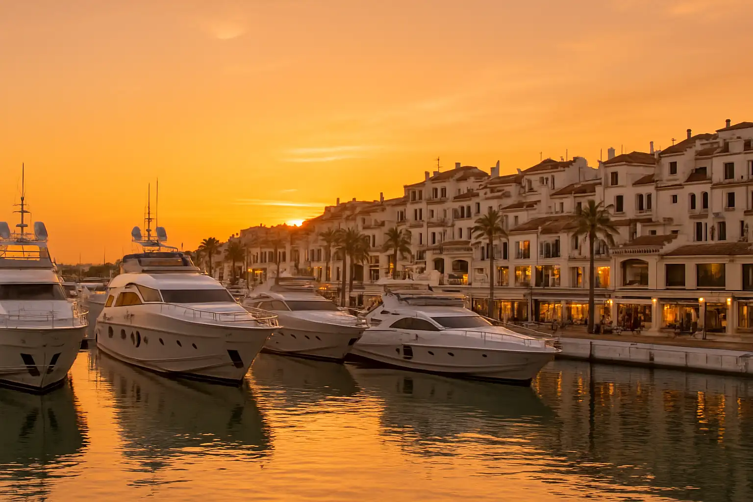 Marbella en Espagne : guide complet pour préparer votre séjour 1 Vue panoramique de la marina de Puerto Banús à Marbella au coucher du soleil avec des yachts et la mer calme.