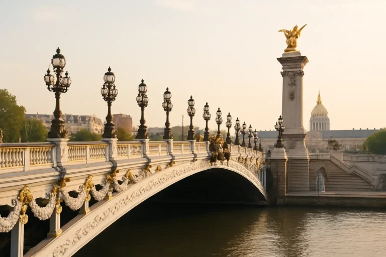 Pont Alexandre III : guide de visite, histoire et meilleurs points de vue 7 Vue panoramique du pont Alexandre III à Paris au-dessus de la Seine
