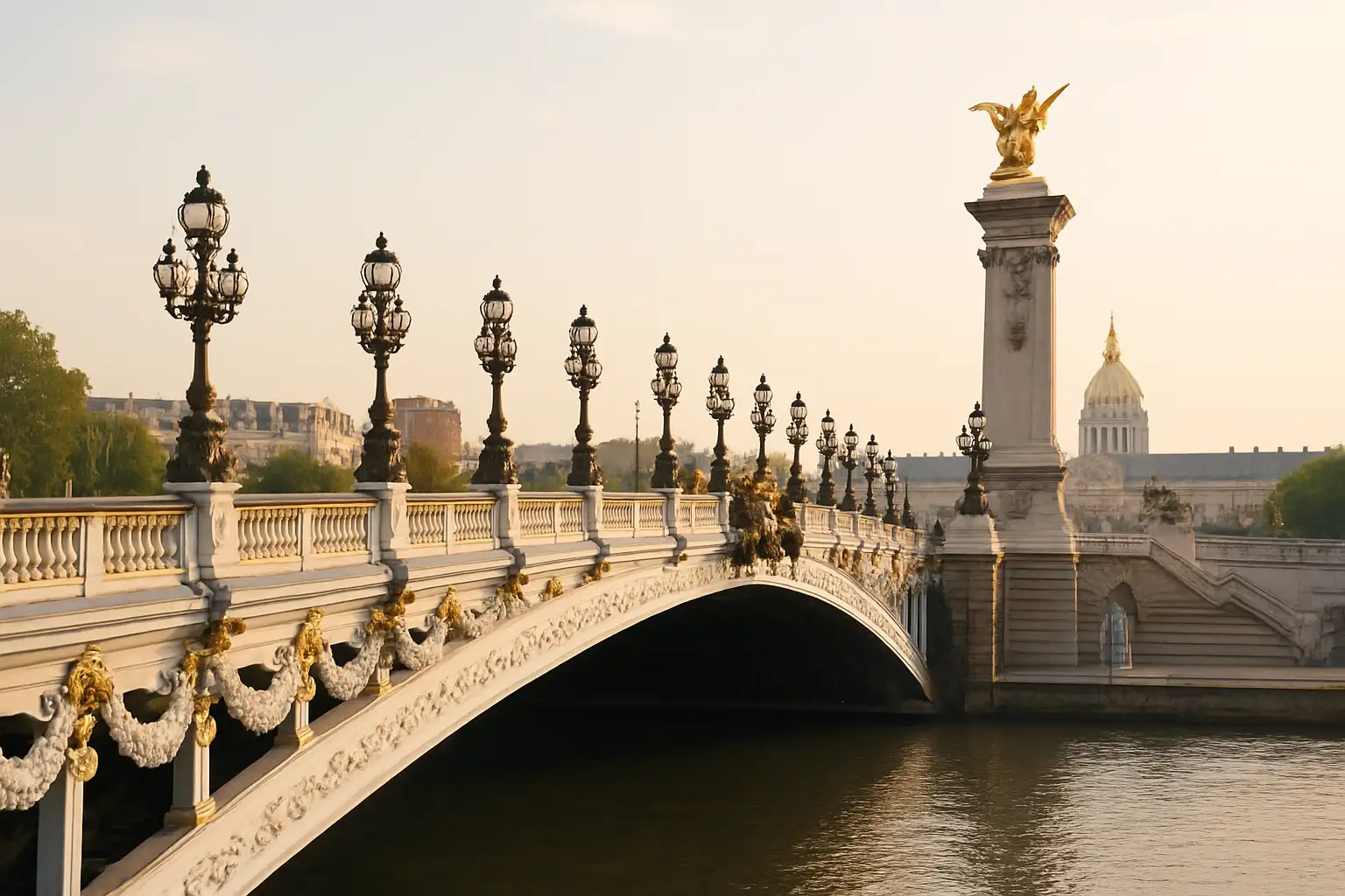 Pont Alexandre III : guide de visite, histoire et meilleurs points de vue 1 Vue panoramique du pont Alexandre III à Paris au-dessus de la Seine