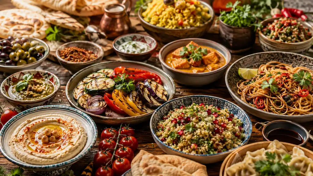 Assortiment de recettes du monde avec légumes grillés, houmous, céréales, nouilles et plats épicés.