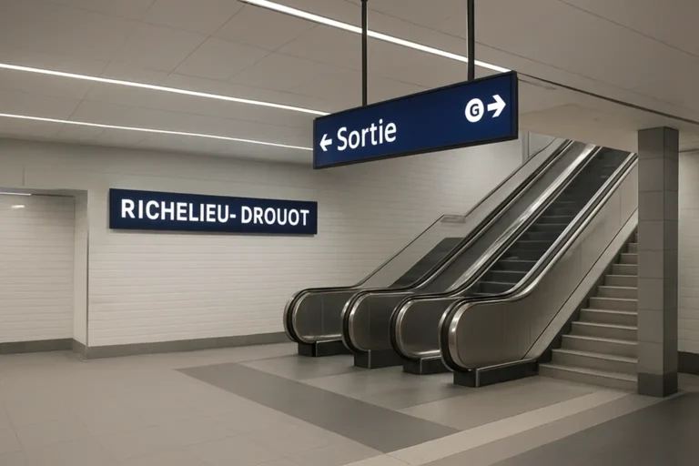 Entrée de la station de métro Richelieu–Drouot à Paris avec escalators et panneaux directionnels.