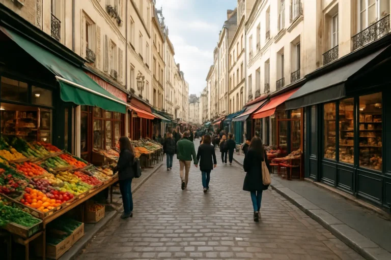 Rue Mouffetard à Paris, rue historique piétonne avec commerces et ambiance de marché