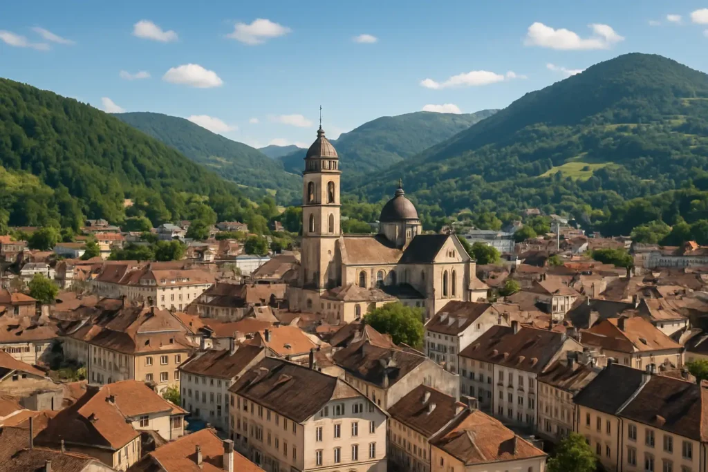 Vue de Saint-Claude dans le Jura avec la cathédrale et les reliefs du Haut-Jura
