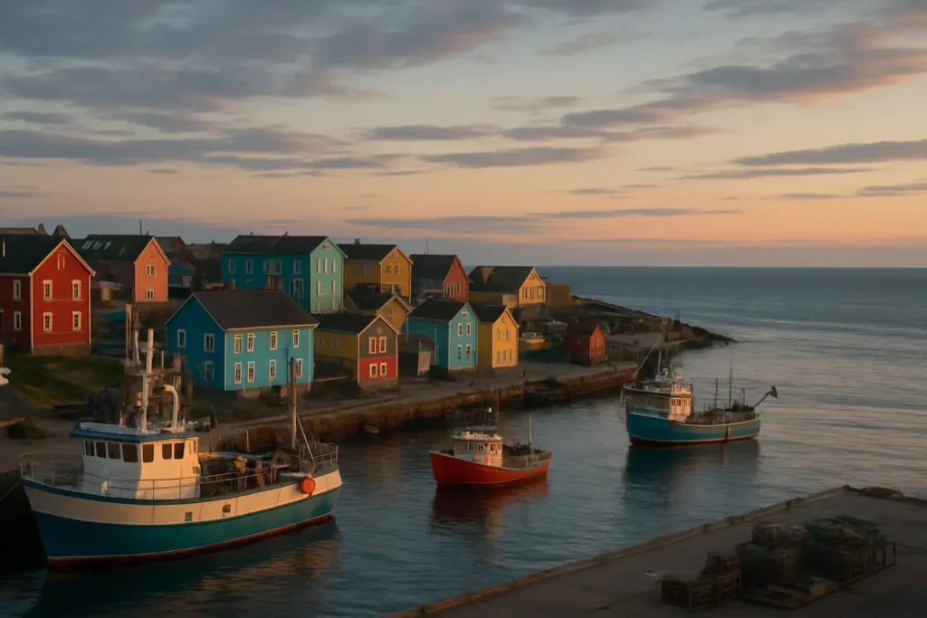 Vue du port de Saint-Pierre à Saint-Pierre-et-Miquelon au crépuscule, avec les maisons colorées et les bateaux de pêche