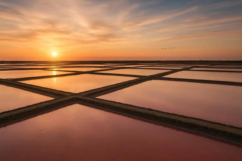 Bassins salants de Salin-de-Giraud en Camargue au coucher du soleil