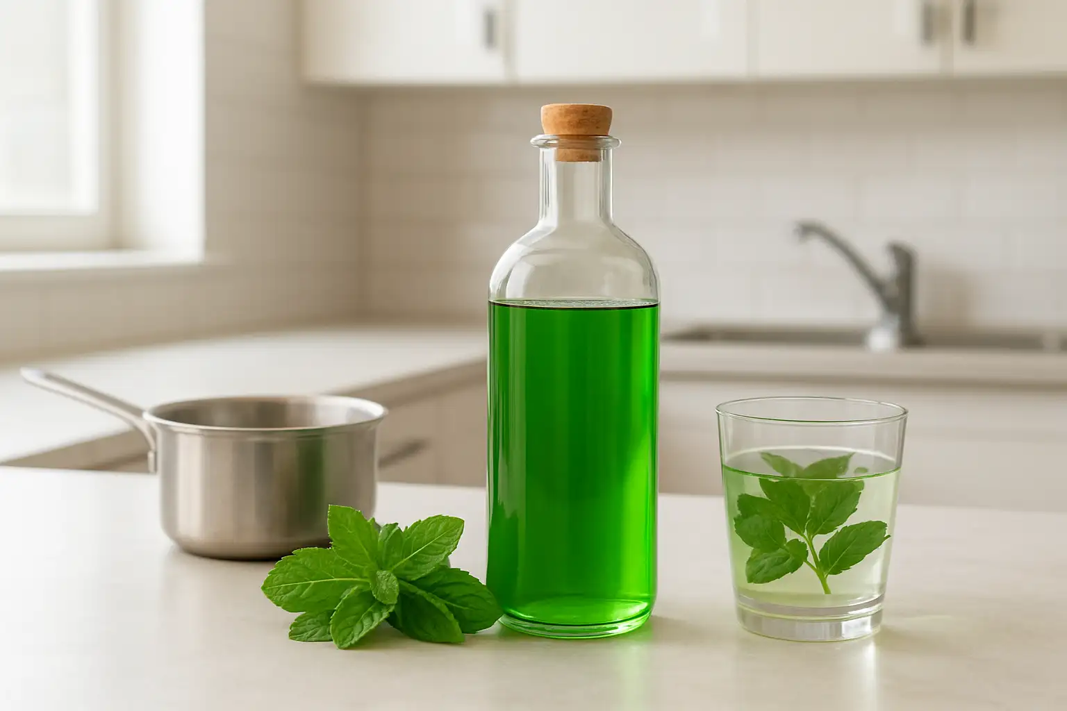 Sirop de menthe maison : la recette simple et les bons gestes 1 Bouteille de sirop de menthe maison avec feuilles de menthe fraîche dans une cuisine