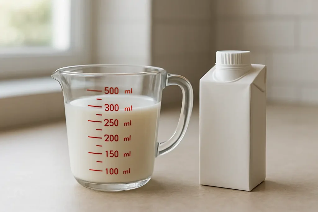 Verre doseur à 250 ml à côté d’une brique de 25 cl dans une cuisine