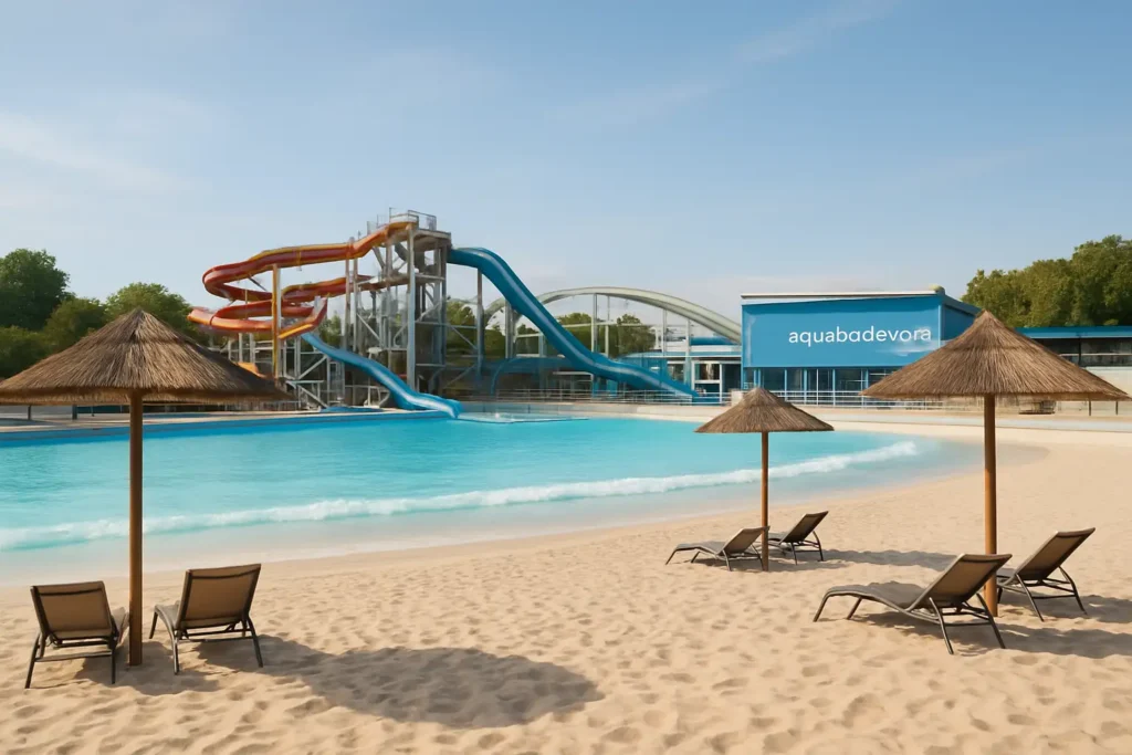 Vue extérieure de l’Aquaboulevard de Paris avec plage de sable, bassin à vagues et toboggans