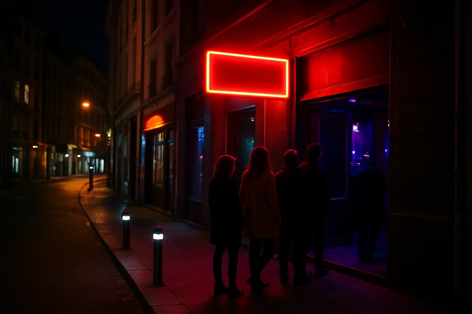 Façade nocturne d’un club à Lyon avec lumière colorée et file d’attente discrète