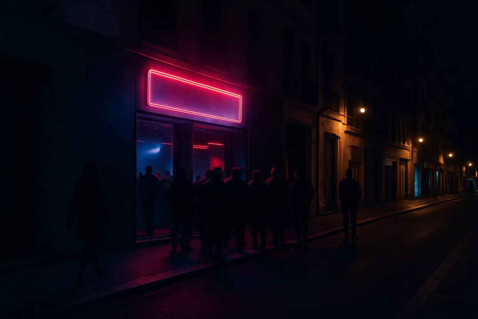 Façade d’une boîte de nuit à Montpellier en centre-ville, avec une ambiance festive de nuit