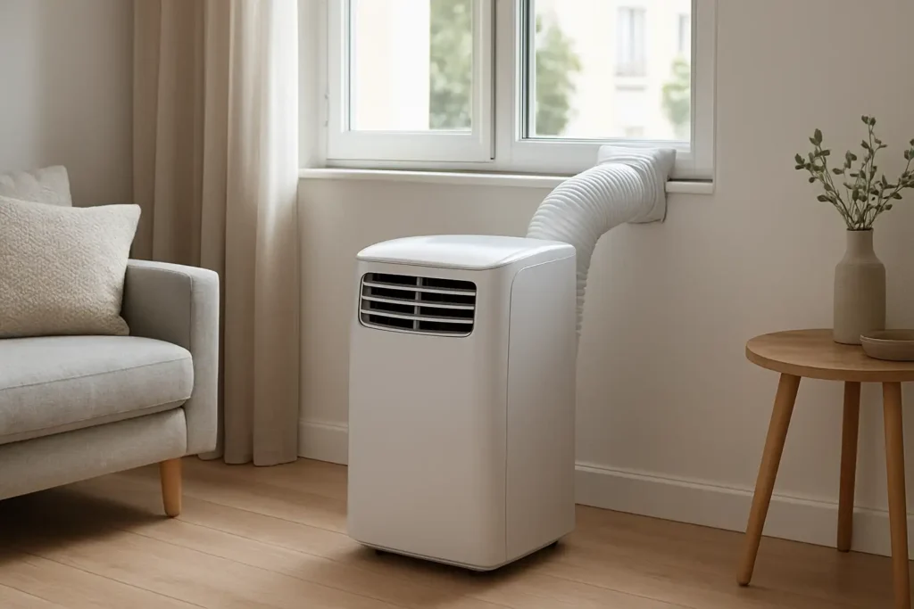 Clim monobloc : fonctionnement, avantages et critères de choix 19 Clim monobloc installée dans un appartement avec évacuation vers la fenêtre