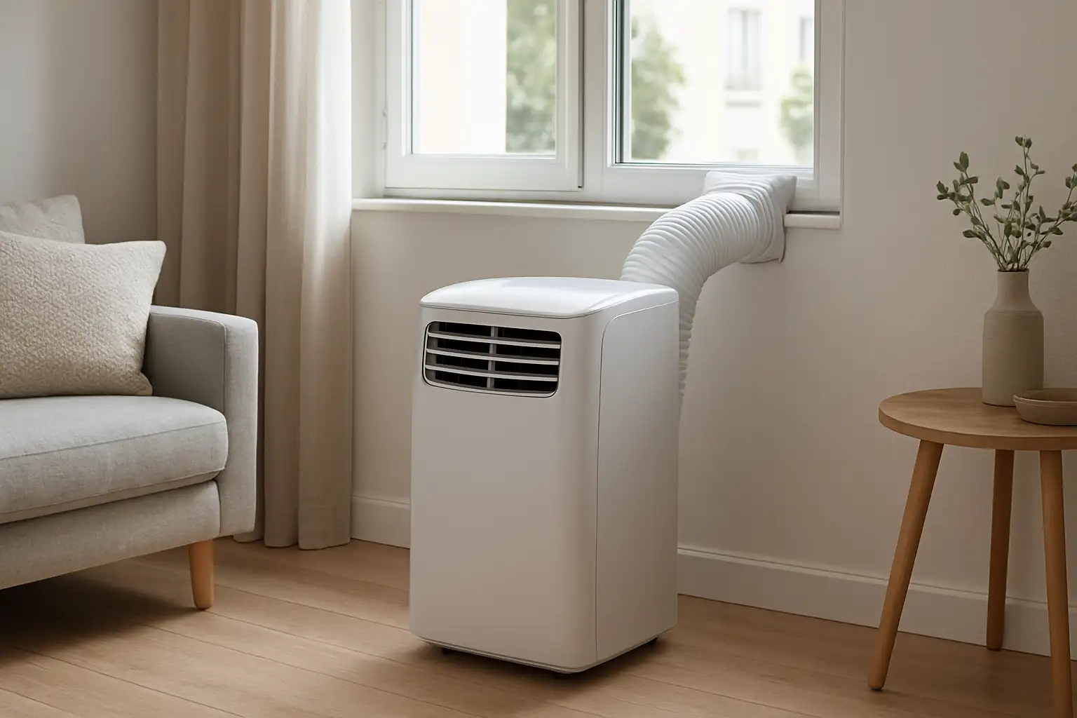 Clim monobloc : fonctionnement, avantages et critères de choix 1 Clim monobloc installée dans un appartement avec évacuation vers la fenêtre