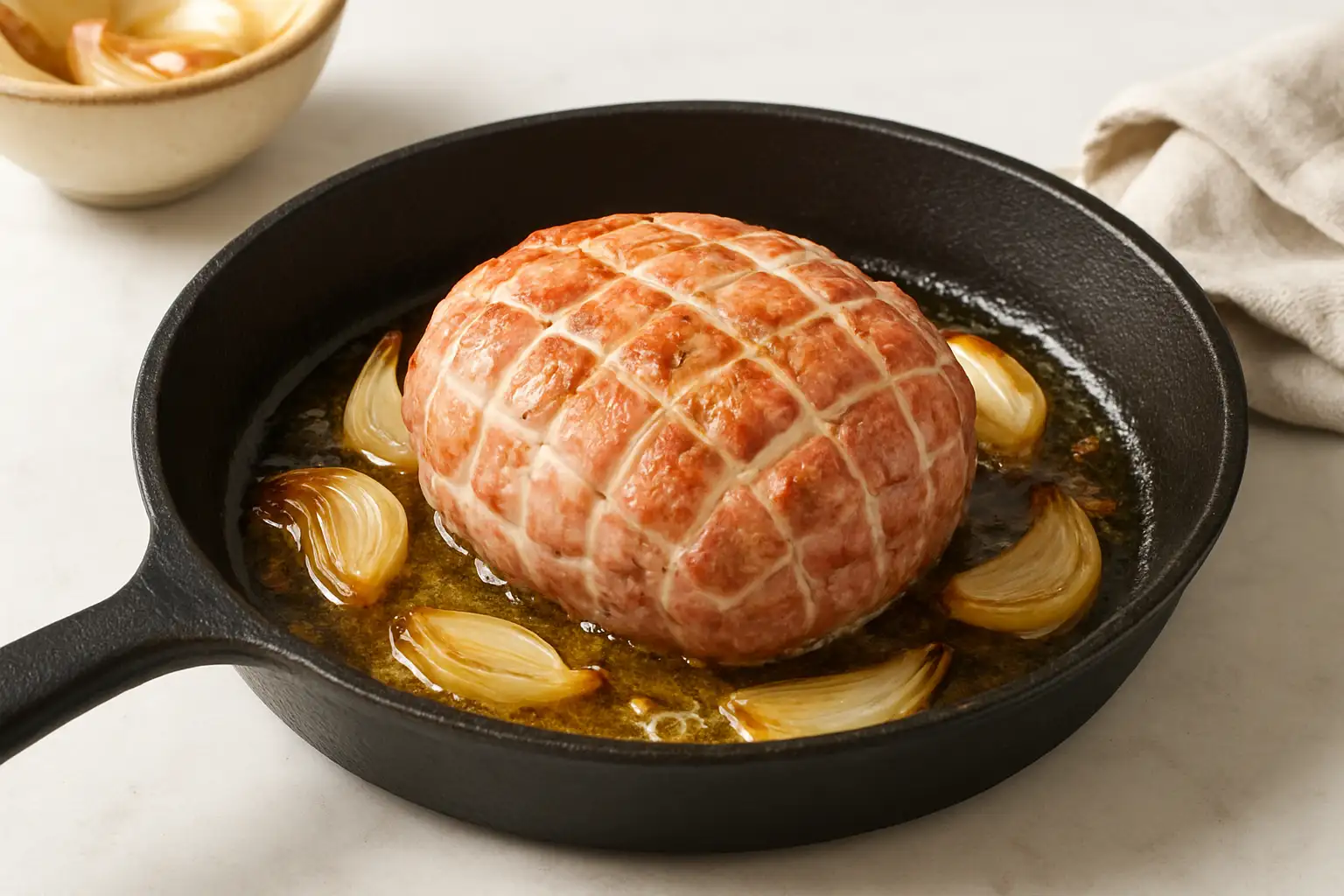 Crépinette de porc artisanale en cuisson à la poêle avec oignons