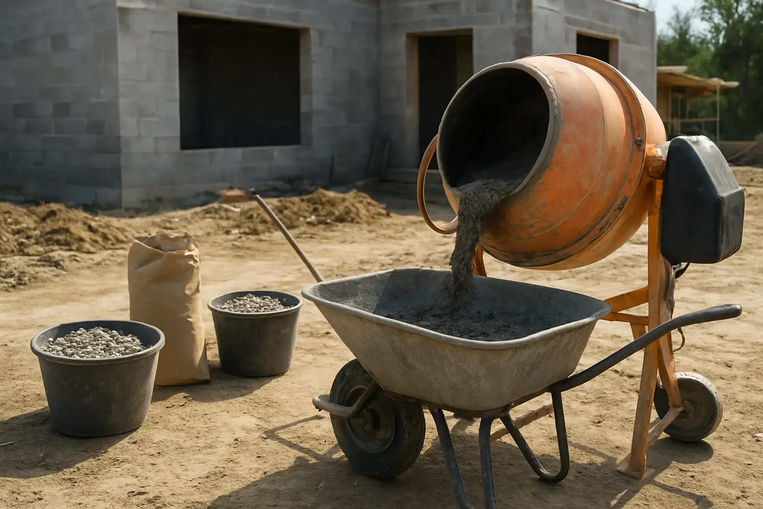 Dosage béton : les proportions à connaître selon vos travaux 1 Préparation du béton dans une bétonnière avec ciment, sable et gravier
