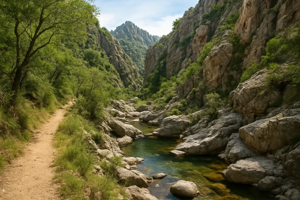 Sentier de randonnée le long des Gorges d'Héric avec vasques naturelles et falaises rocheuses dans le Caroux.
