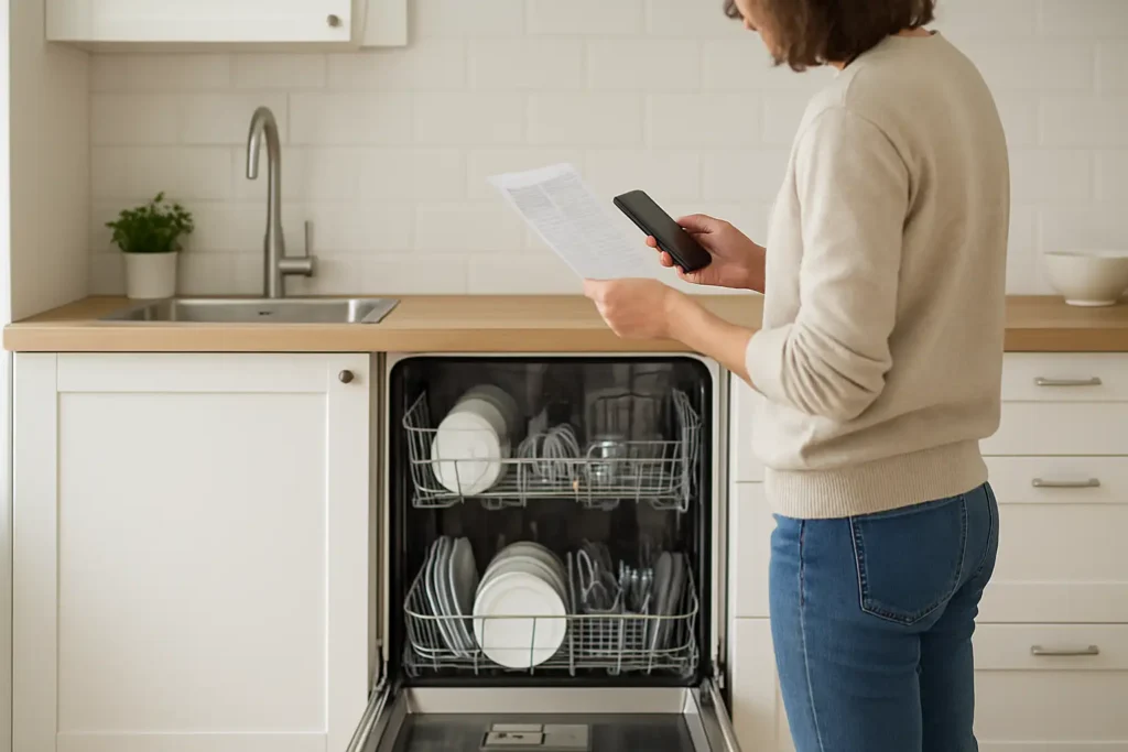 Lave vaisselle Valberg : notice, codes erreur et dépannage 19 Lave-vaisselle Valberg ouvert dans une cuisine moderne, avec une personne consultant la notice pour un dépannage