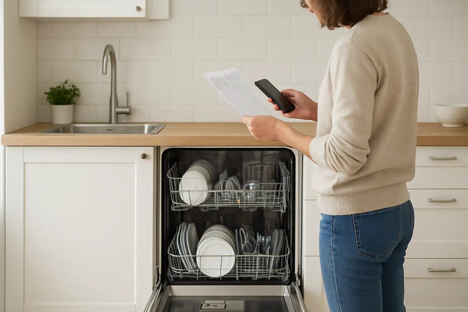 Lave vaisselle Valberg : notice, codes erreur et dépannage 1 Lave-vaisselle Valberg ouvert dans une cuisine moderne, avec une personne consultant la notice pour un dépannage