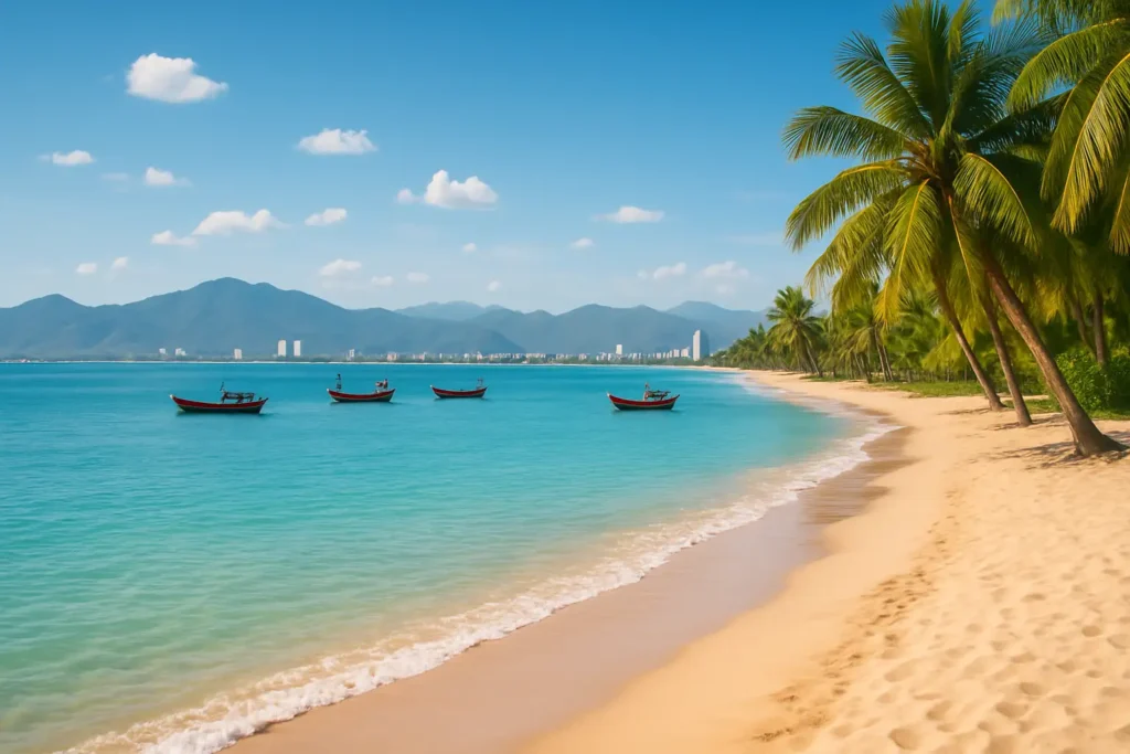Baie de Nha Trang au Vietnam avec plage tropicale et bateaux au large