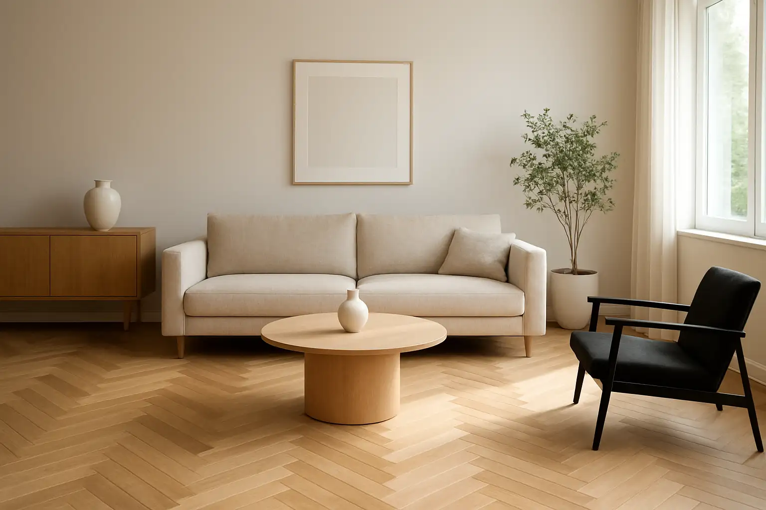 Salon lumineux avec parquet chevron en bois clair