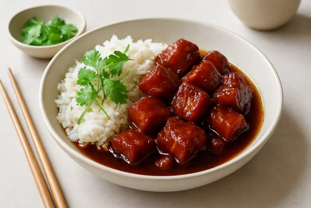 Porc caramel vietnamien servi avec du riz jasmin et des herbes fraîches