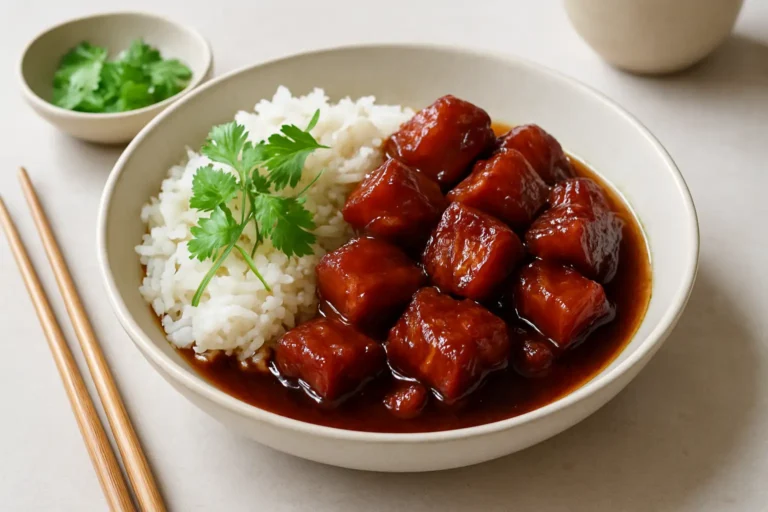 Porc caramel vietnamien servi avec du riz jasmin et des herbes fraîches