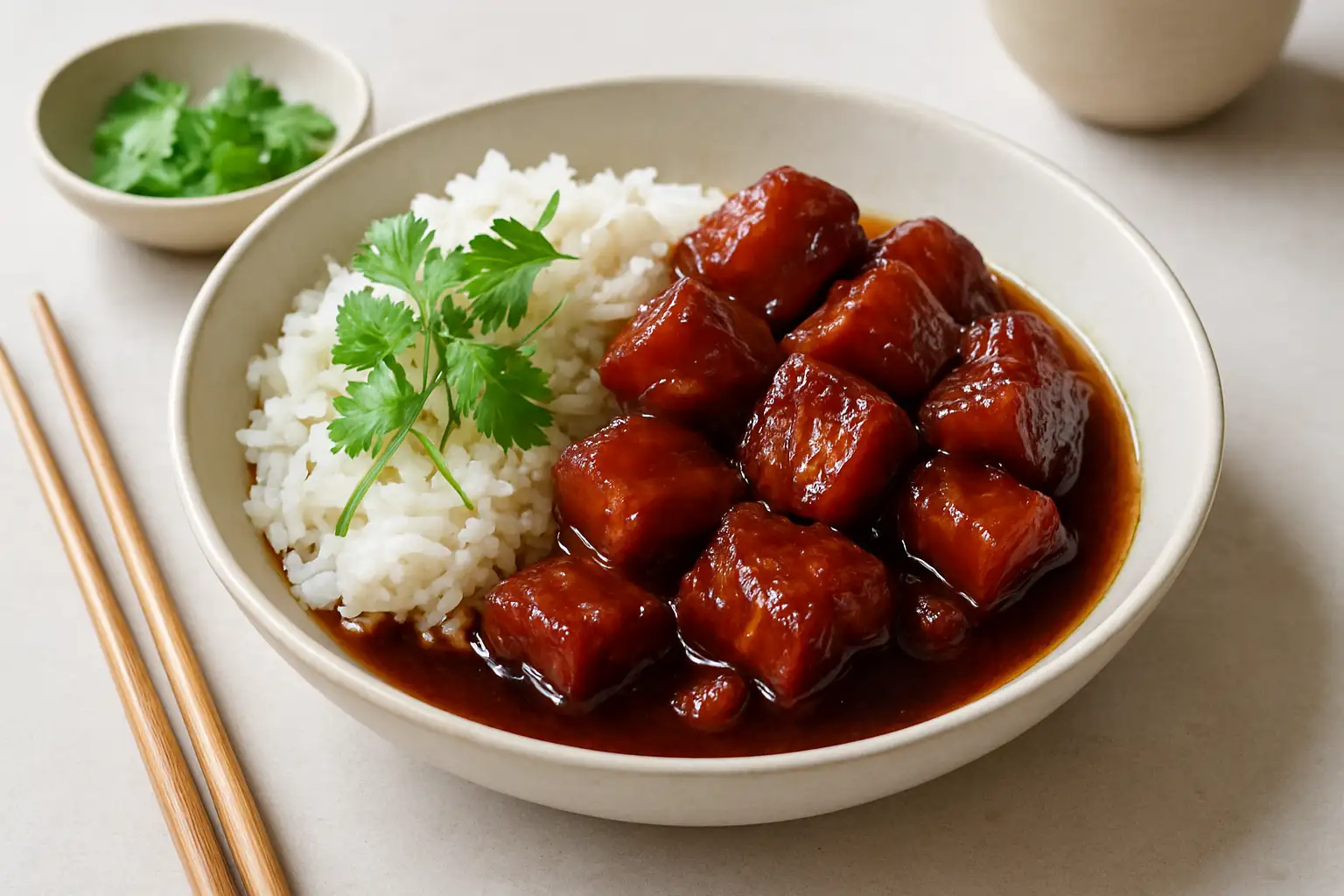 Porc caramel : la recette vietnamienne facile et fondante 1 Porc caramel vietnamien servi avec du riz jasmin et des herbes fraîches