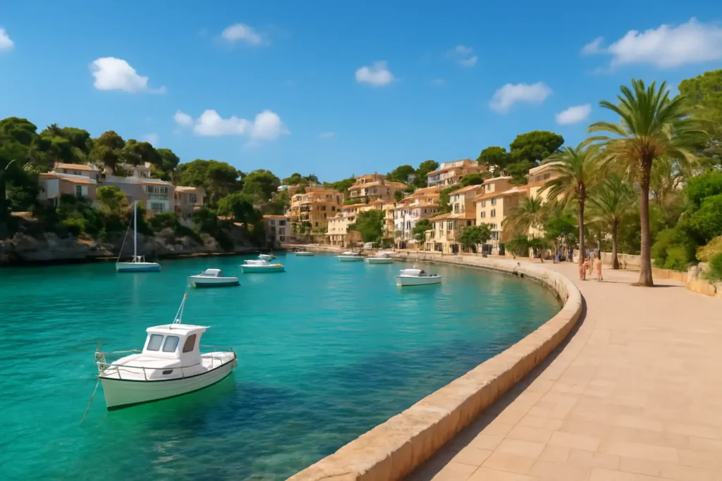 Le port naturel de Porto Cristo à Majorque avec sa promenade et ses bateaux de plaisance
