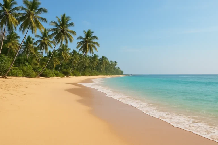 Plage calme de la côte sud du Sri Lanka avec sable doré, palmiers et mer turquoise
