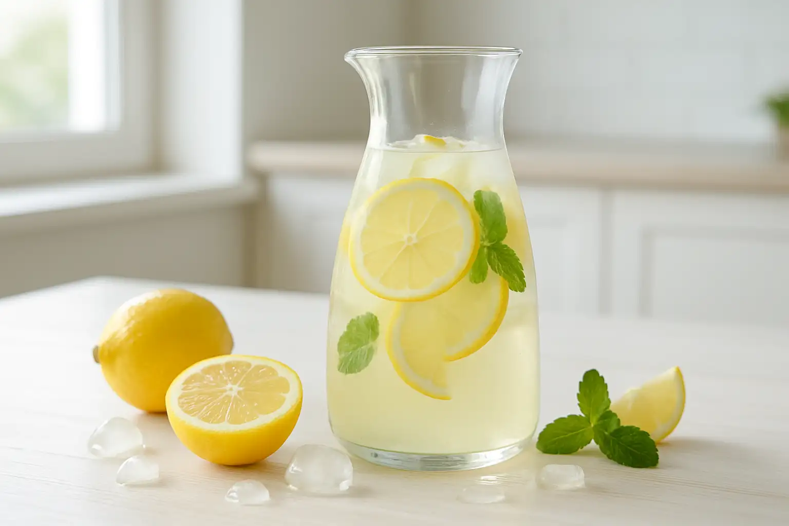 Recette citronnade maison : proportions faciles et variantes 1 Carafe de citronnade maison avec citrons, glaçons et menthe sur une table lumineuse