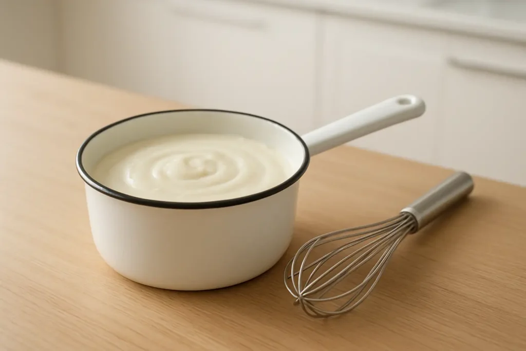 Casserole d’émail blanc contenant une sauce blanche onctueuse avec un fouet en inox à côté