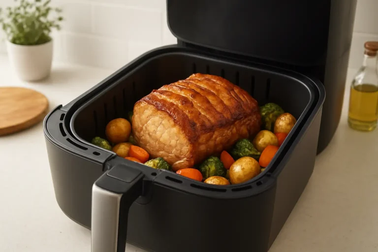 Rôti de porc doré dans un air fryer avec des légumes rôtis
