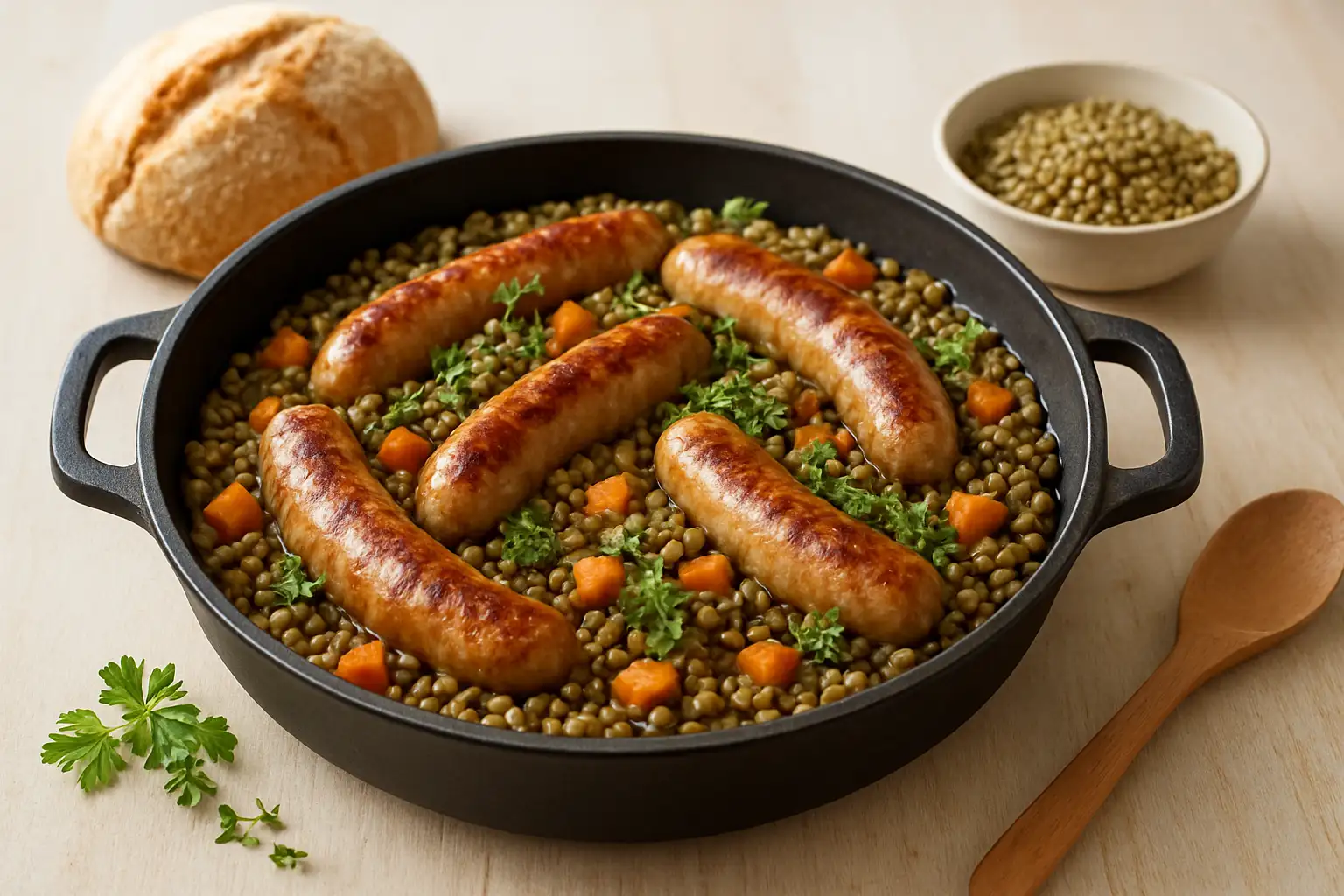 Saucisses aux lentilles : la recette traditionnelle et facile 1 Plat de saucisses aux lentilles dans une cocotte avec pain de campagne