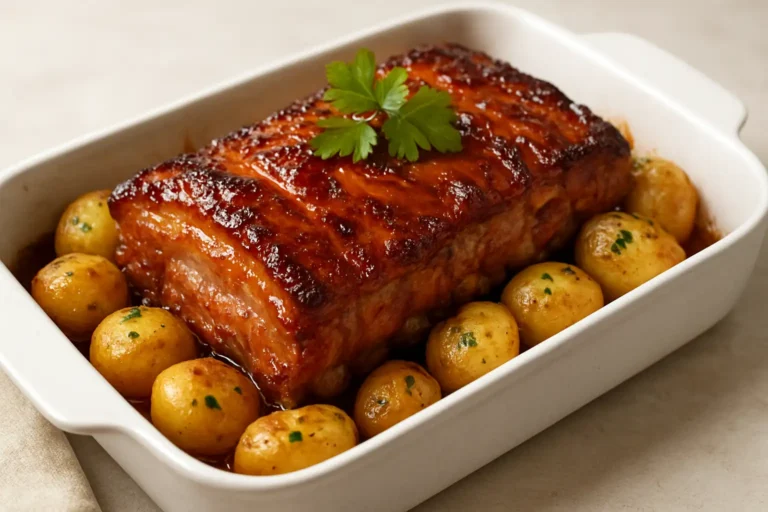 Travers de porc au four : la recette tendre et caramélisée 1 Travers de porc au four caramélisés dans un plat, avec pommes de terre rôties