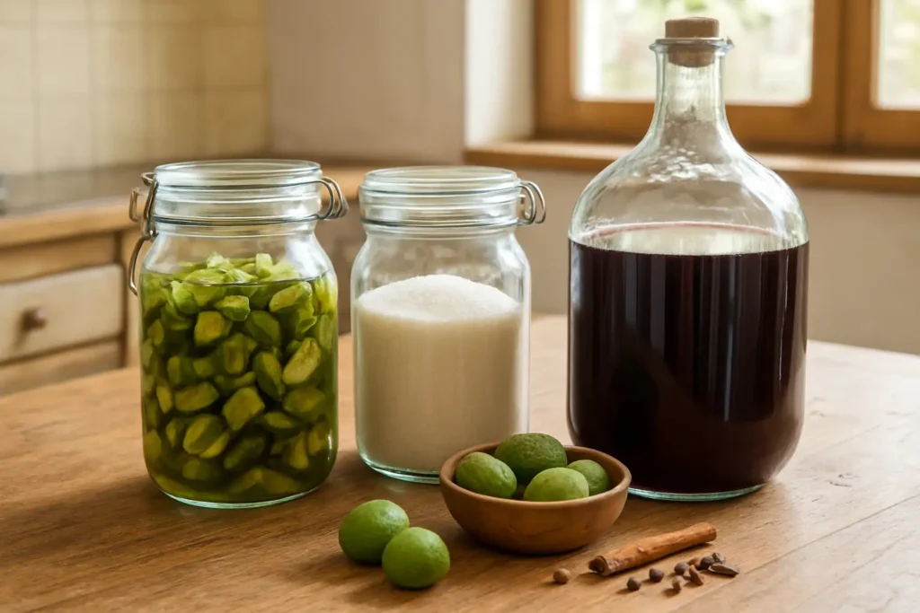 Préparation traditionnelle du vin de noix maison avec noix vertes, vin et bonbonne en verre